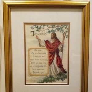 Handmade Framed Wall Art Hanging Cross Stitch Jesus - "Foot prints"